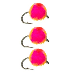 May include: Three pink and orange fly fishing lures with a silver hook.