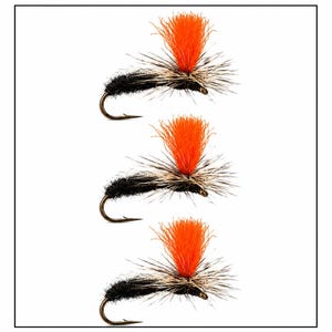 May include: Three fishing flies arranged vertically, each featuring a black fuzzy body, a metallic hook, a collar of fine brown and black speckled hackle fibers, and a prominent, upright tuft of bright neon orange synthetic wing material.
