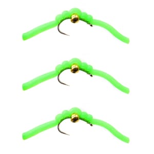May include: Three green and gold fly fishing lures with a curved body and a bead at the head.
