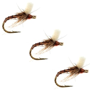 May include: Three brown and white fly fishing lures with white fluffy tails.