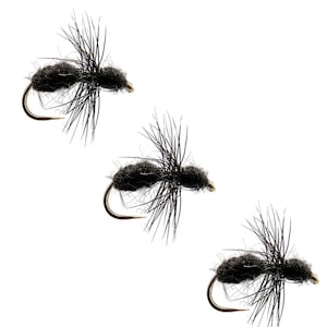 May include: Three black fly fishing lures with brown and gold accents.