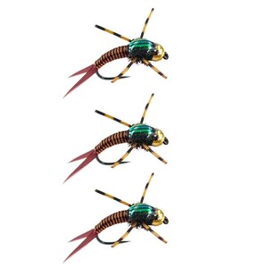 May include: Three realistic-looking fly fishing lures with copper bodies, green and black striped abdomens, and gold heads.