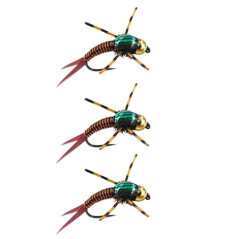 May include: Three realistic-looking fly fishing lures with copper bodies, green and black striped abdomens, and gold heads.