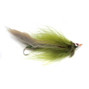 May include: A handmade fishing fly with a silver hook, olive green feathers, and a brown tail. The fly has a silver head with red and orange accents. The fly is designed for catching fish.