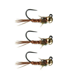 May include: Three brown and gold fly fishing lures with black hooks and brown feathers.