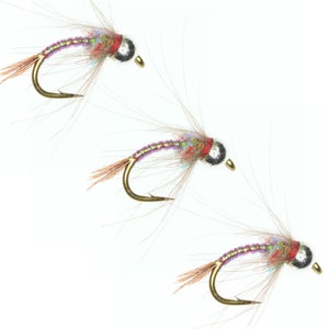 May include: Three fishing flies with curved gold hooks, iridescent bodies, and red and silver heads. The flies have delicate, feathery extensions. The flies are arranged diagonally against a white background.