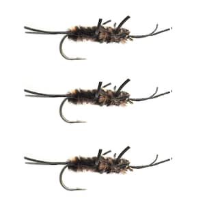 May include: Three black and brown fly fishing lures with black and brown feathers and a hook.