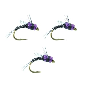 May include: Three purple and black fly fishing lures with a gold hook.