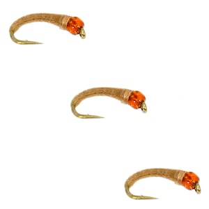 May include: Three brown and orange fly fishing lures with gold hooks.