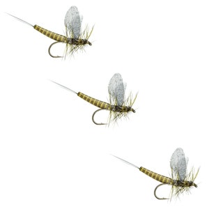 May include: Three realistic-looking fly fishing lures with brown and tan bodies and translucent wings.