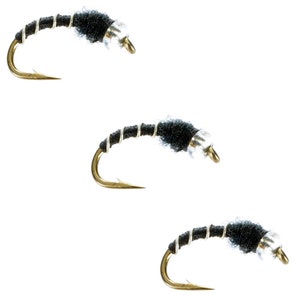 May include: Three black and silver fly fishing lures with a black and silver body and a gold hook.