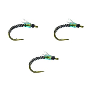 May include: Three black and silver fly fishing lures with green and blue accents.