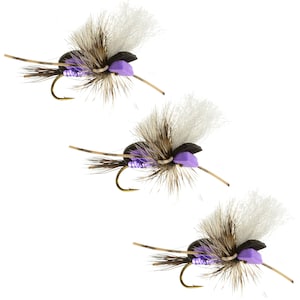May include: Three purple and brown fly fishing lures with white feathers and a purple foam head.