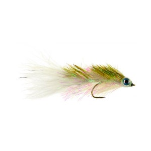 May include: A white and green fly fishing lure with a white tail and a holographic finish.