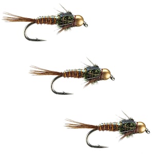 May include: Three brown and green fly fishing lures with gold beads. The lures have brown feathers and a copper wire body.