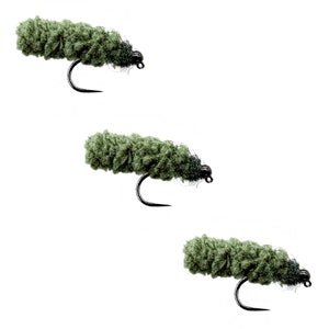 May include: Three olive green fishing flies with black hooks and dark accents. The flies have a textured, fuzzy appearance, and are designed for angling. The background is plain white.