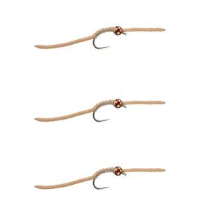 May include: Three brown fly fishing lures with a copper bead on each. The lures are made of a fuzzy material that resembles a worm.