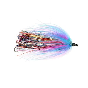 May include: A colorful fly fishing lure with a blue, pink, and white feather body and a silver hook.