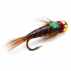May include: A fishing fly lure featuring a gold-colored metal bead head, a dark purple segmented body wrapped in copper wire, and a tail made of brown fibers. The lure includes a curved metal hook and iridescent green accents near the head.