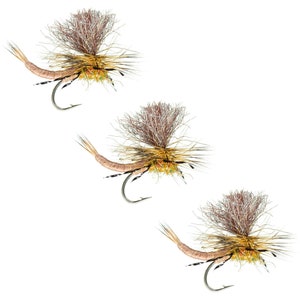 May include: Three brown and gold fly fishing lures with brown and white feathers. The lures are tied on hooks with a brown thread.
