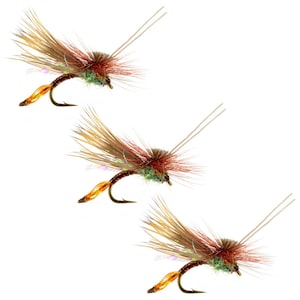 May include: Three brown, green, and orange fly fishing lures with feathers and a hook.