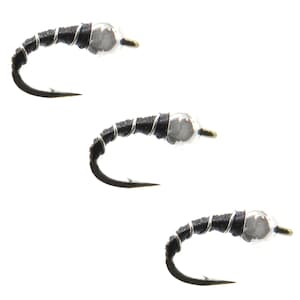 May include: Three fishing flies with black bodies, silver wire wrapping, and clear, rounded heads. Each fly has a curved, black hook. The flies are arranged against a white background.