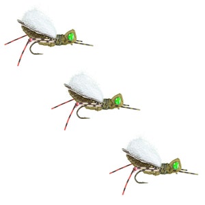 May include: Three artificial fishing flies. Each fly has a white wing, a brown body with a striped pattern, and green eyes. The legs are red and black. The flies are designed to mimic insects.