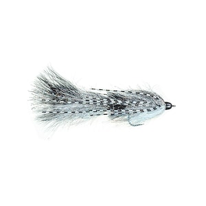 May include: A white and black fly fishing lure with a black bead head and a long, flowing tail.