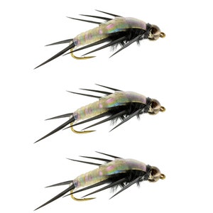 May include: Three iridescent, black and silver fly fishing lures with black feathers and a silver bead head.