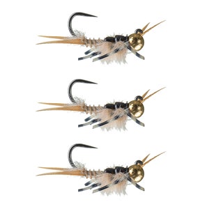 May include: Three brown and black fly fishing lures with gold beads. The lures have feathers and are tied on hooks.