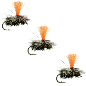 May include: Three orange and green fly fishing lures with orange feathers.