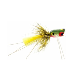 May include: A green, yellow, and red frog fly fishing lure with a yellow tail and white legs.