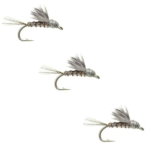 May include: Three gray and brown fly fishing lures with feathers and a hook.