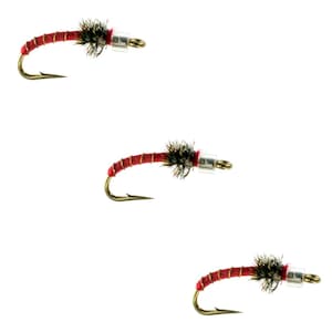 May include: Three red and brown fly fishing lures with clear beads and gold hooks.