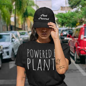 Plant Powered Dad Hat, Vegan Fashion, Vegan Baseball Cap, Vegan Apparel, Embroidered Buckle Strap Back Adjustable Unisex Cotton Baseball Hat