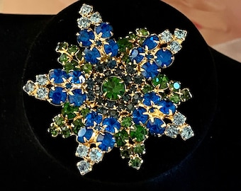 Vintage Blue Green 3 Dimension Rhinestone Brooch Pin