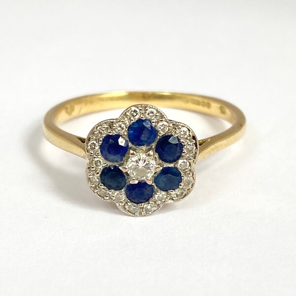 Vintage, Art Deco, 18ct Gold Sapphire and Diamond Flower ring