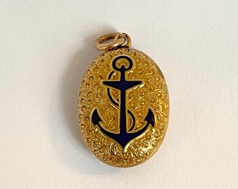 Victorian 15ct Gold Locket / Pendant with Blue Enamel Anchor