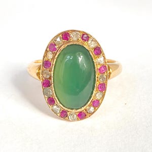 Vintage 18ct Gold Chrysoprase, Diamond and Ruby Cluster Ring