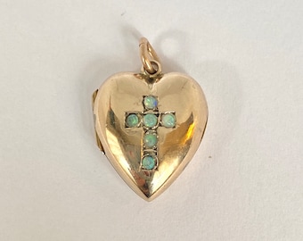 Vintage 18ct Gold Heart locket with Opal Crucifix