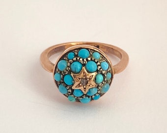 9ct Gold,  Antique, Turquoise and Rose Cut Diamond Cluster/Bombe Ring