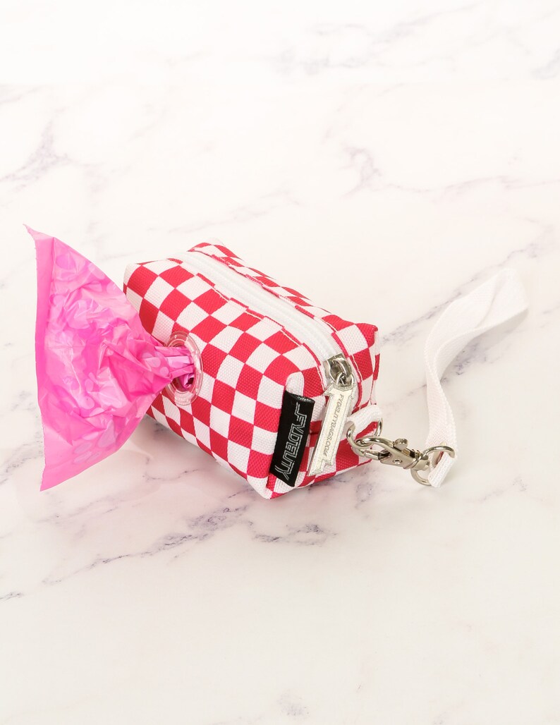 poopyCUTE Doggy Poop Waste Bag Dispenser for Fashionably Cute Owners and All Dog Breeds Luxury Fashion Style INDY Check Red