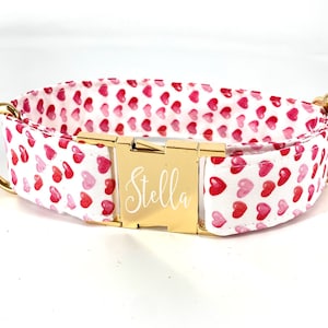 Pink Valentines Dog Collar Personalized, Heart Print Custom Dog Collar ~ Gold Metal Hardware