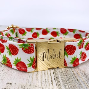 Strawberry Dog Collar, Personalized Laser Engraved Fruit, Quick Release Metal Buckle, Summer Collar, Red Collars