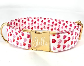 Pink Valentines Dog Collar Personalized, Heart Print Custom Dog Collar ~ Gold Metal Hardware
