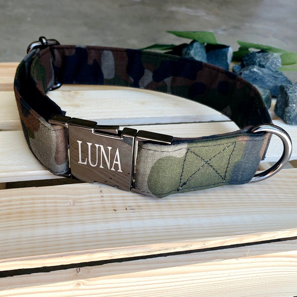 Wide Camo Dog Collar With Gun Metal Quick Release Buckle, Custom Laser Engraved ID Collars, Camouflage Army Styles Personalized Pet Collar