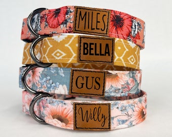 Personalized Floral Dog Collar, With Fabric and Leather Patch, Boho Pattern, Laser Engraved, Quick Release Buckle, Girl Wedding Dog Collar