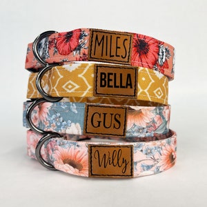 Personalized Floral Dog Collar, With Fabric and Leather Patch, Boho Pattern, Laser Engraved, Quick Release Buckle, Girl Wedding Dog Collar