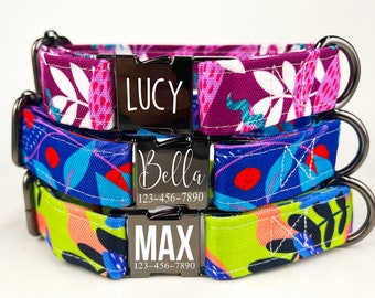 Personalized Floral Dog Collars, Laser Engraved Metal Summer Color Pop, Quick Release Buckle, Custom Pet Collar