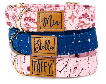 Personalized Starry Night Dog Collar, Custom Dog Collar with Name, Moon Print Dog Collar, Cute Girl Boy Dog Collars, Rose Gold Silver Buckle